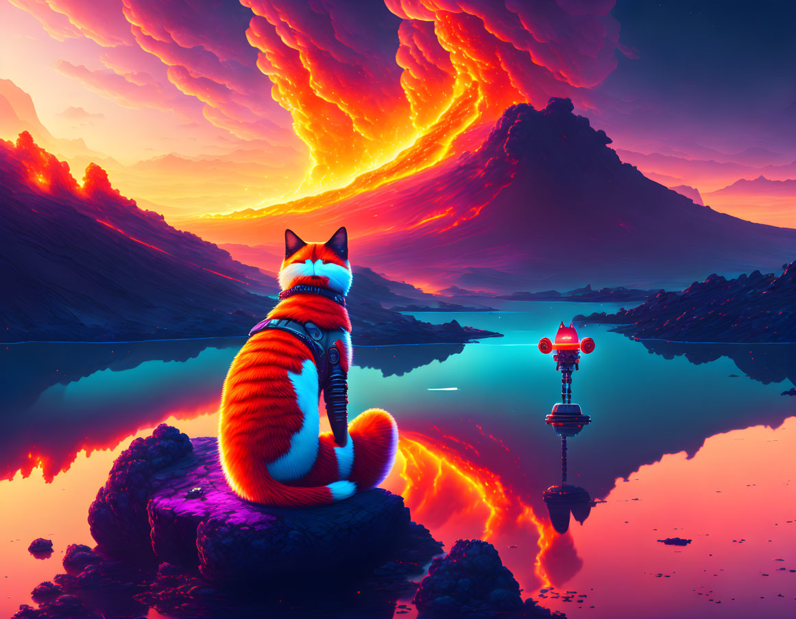 Cat observing volcanic eruption with futuristic robot by lake