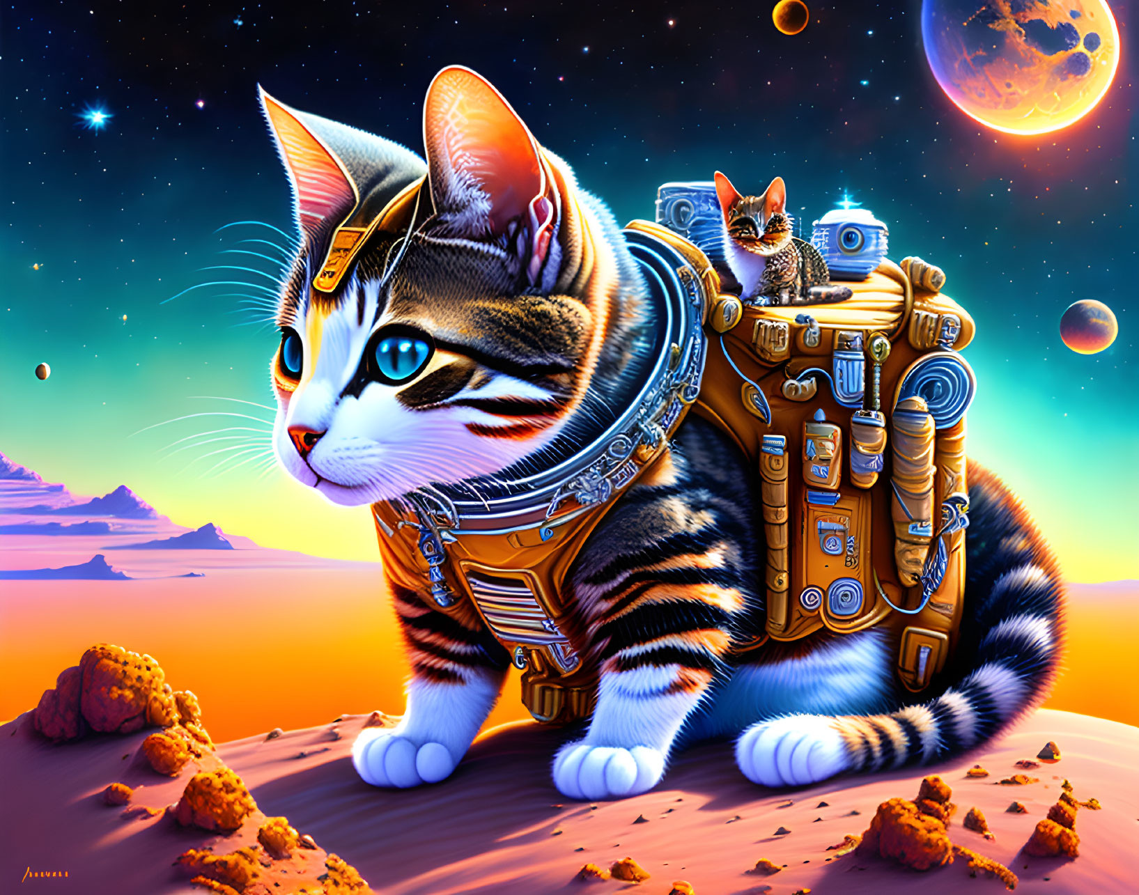 Colorful Space-Suited Cat Carrying Tiny Astronaut Rat in Space Scene