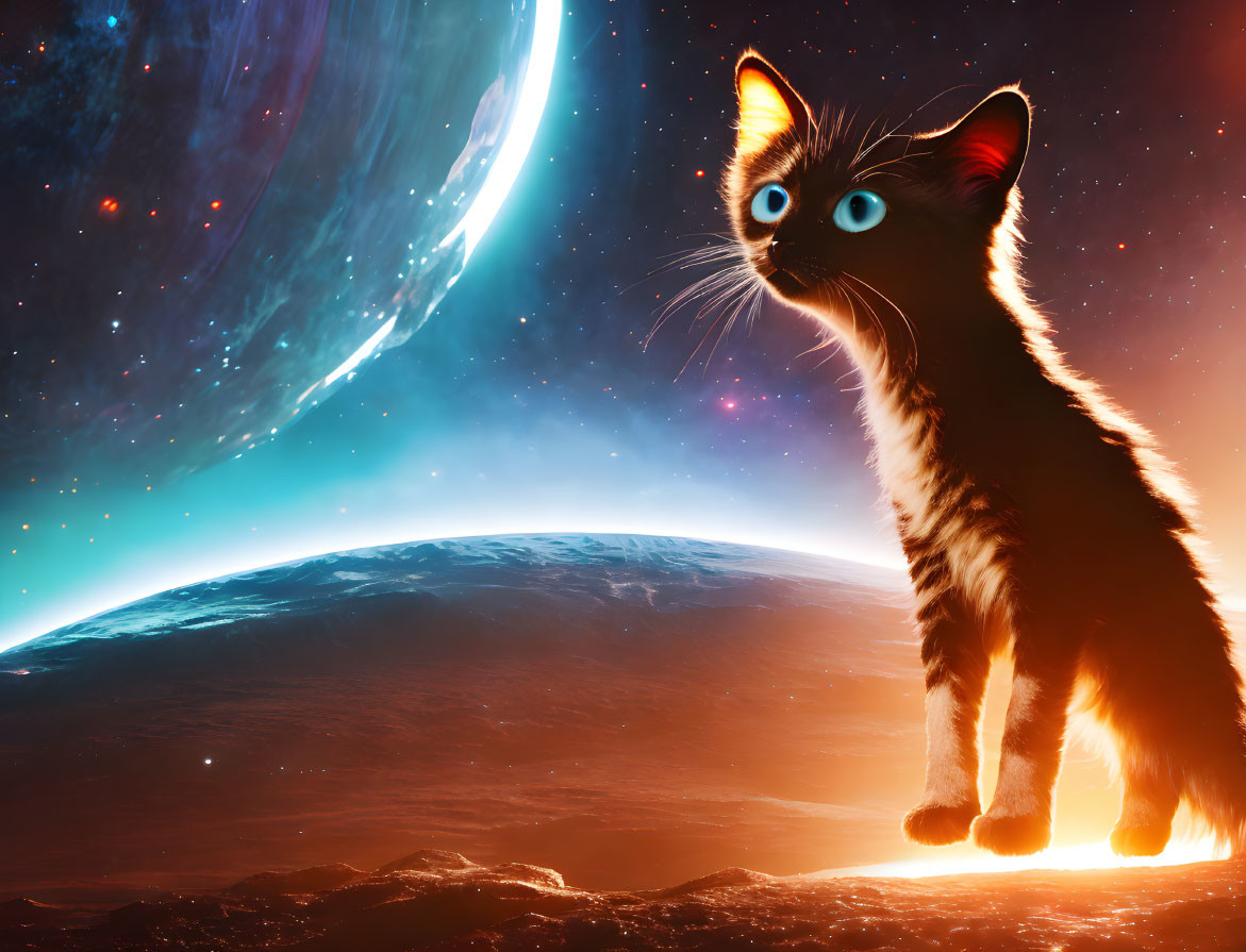 Curious Cat on Celestial Body Staring at Large Planet and Stars