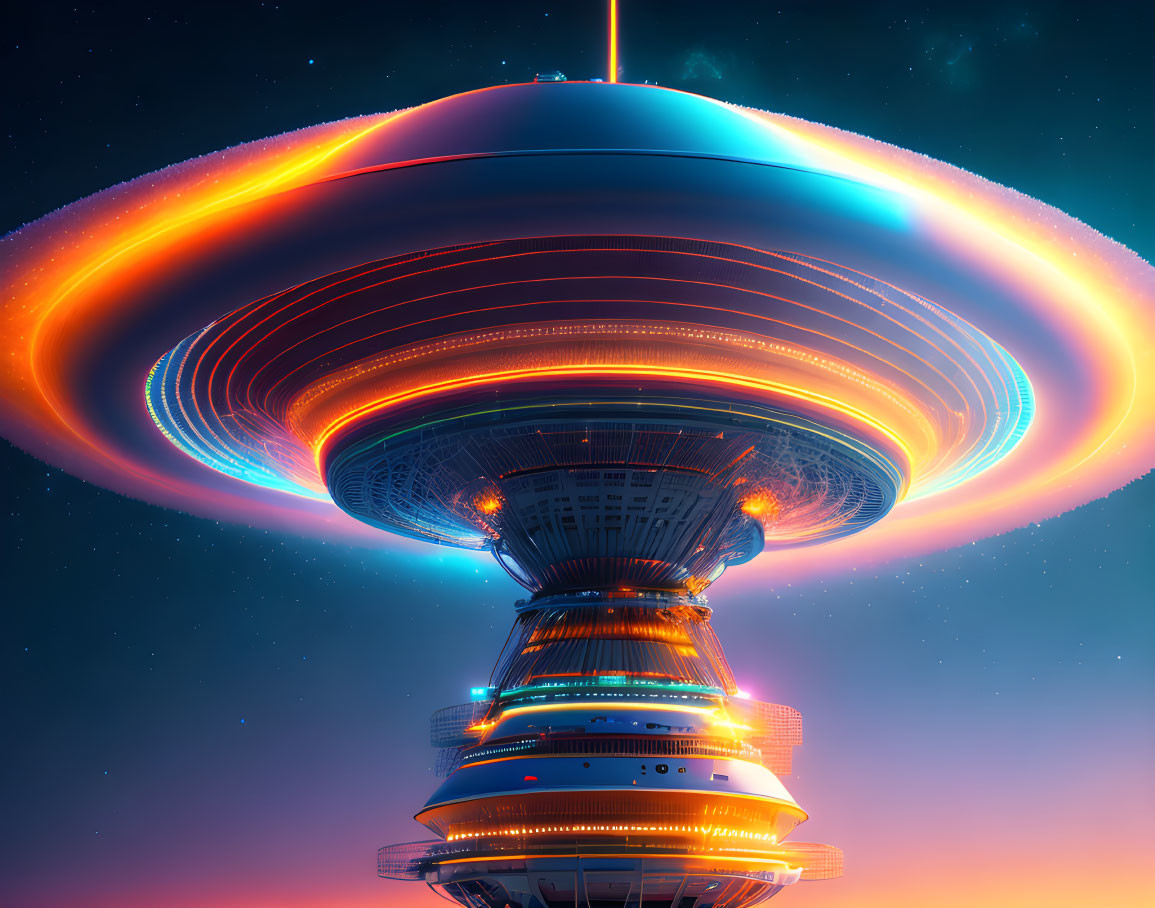 Futuristic tower with glowing saucer against starry night sky