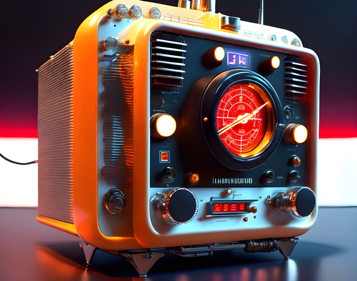 Vintage-style radio with digital displays and red-backlit tuning indicator on red-blue gradient.