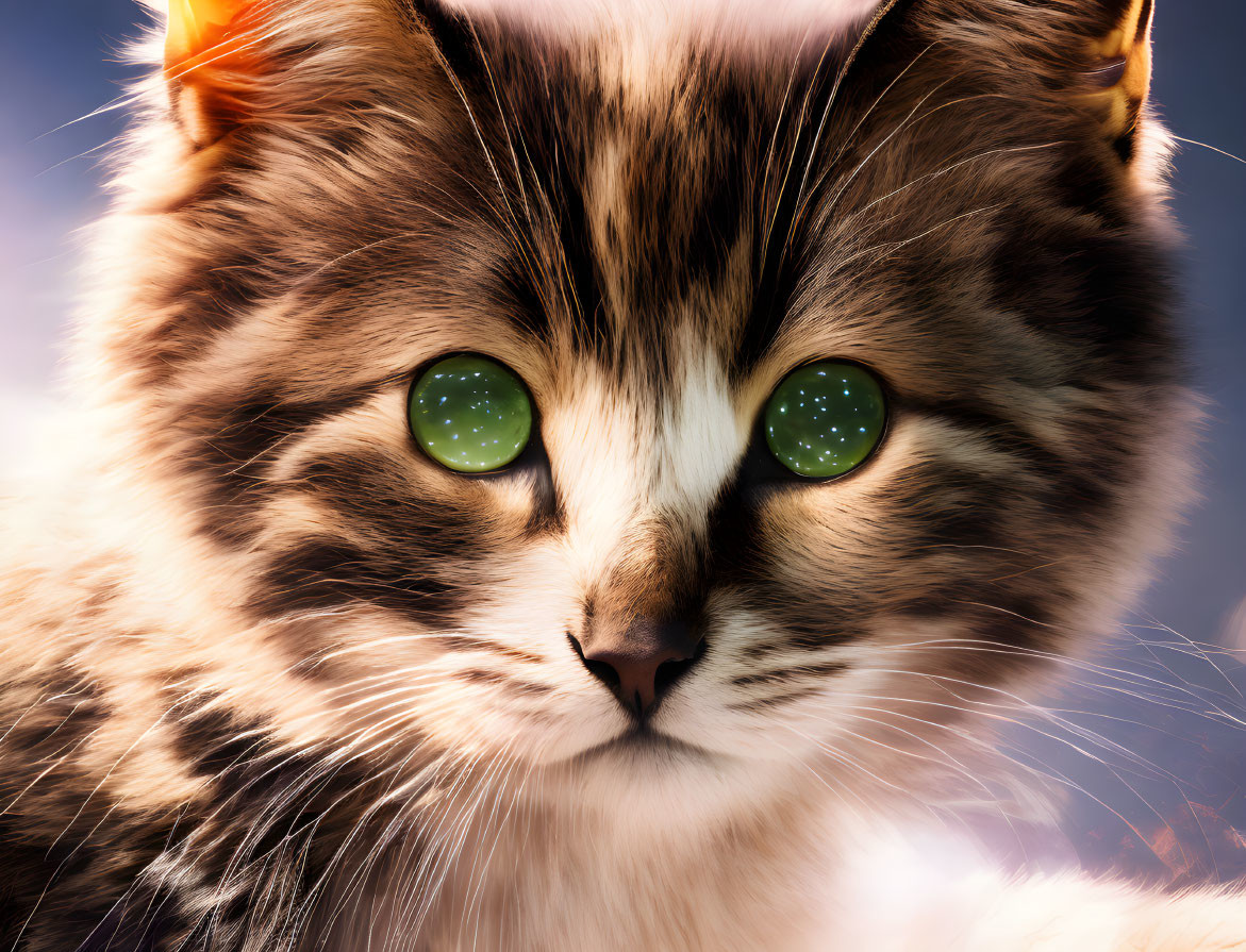 Striking Green-Eyed Tabby Cat Close-Up on Soft Blue Background