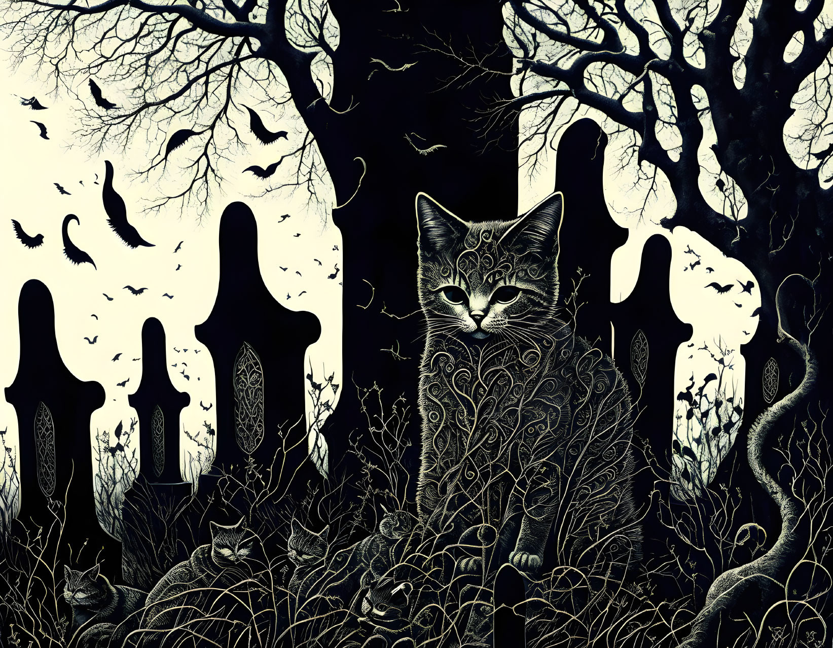 Monochromatic image of cats in spooky graveyard with bats