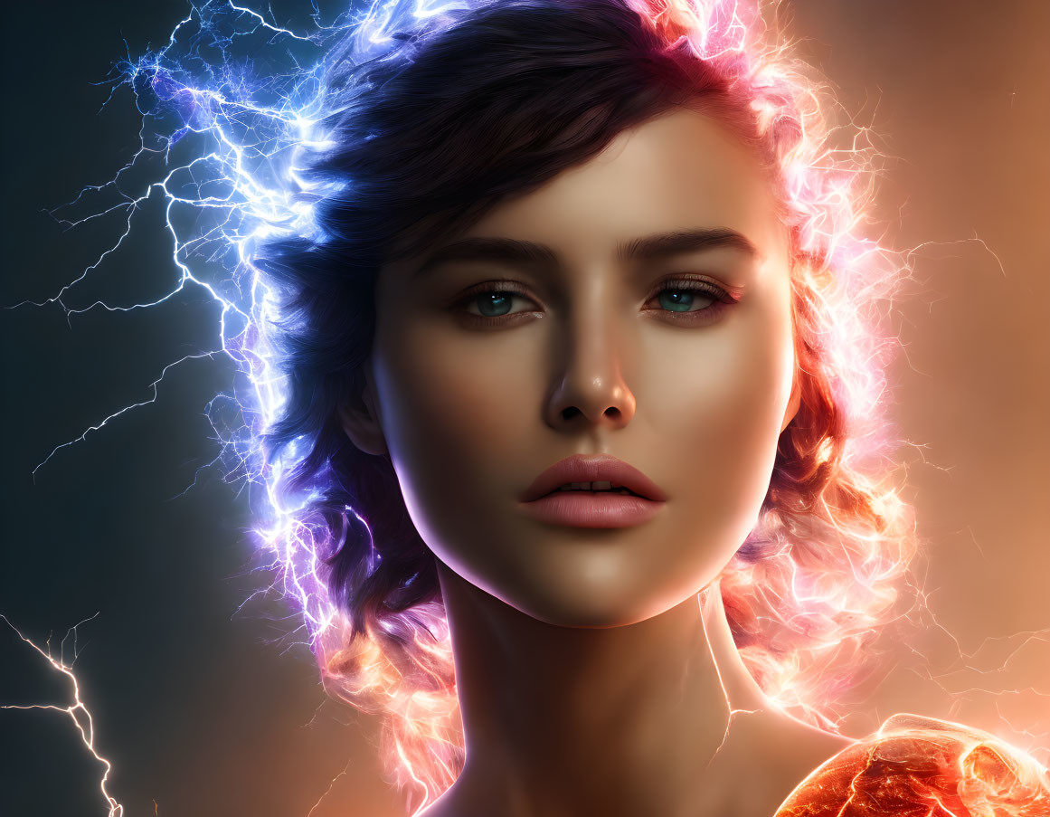 Digital Artwork: Woman with Dynamic Lightning Effects in Blue and Pink Hues