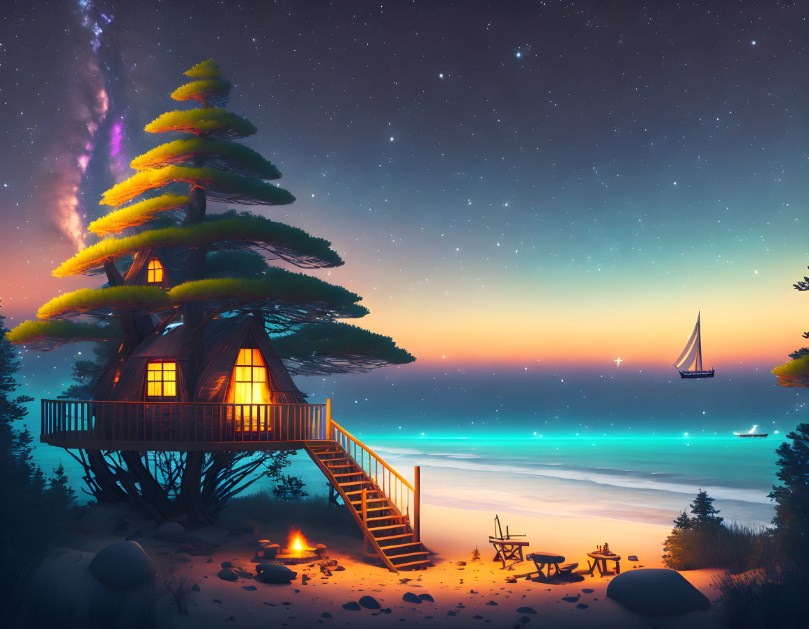 Tranquil beachside night with treehouse, campfire, stars, and sailing boat