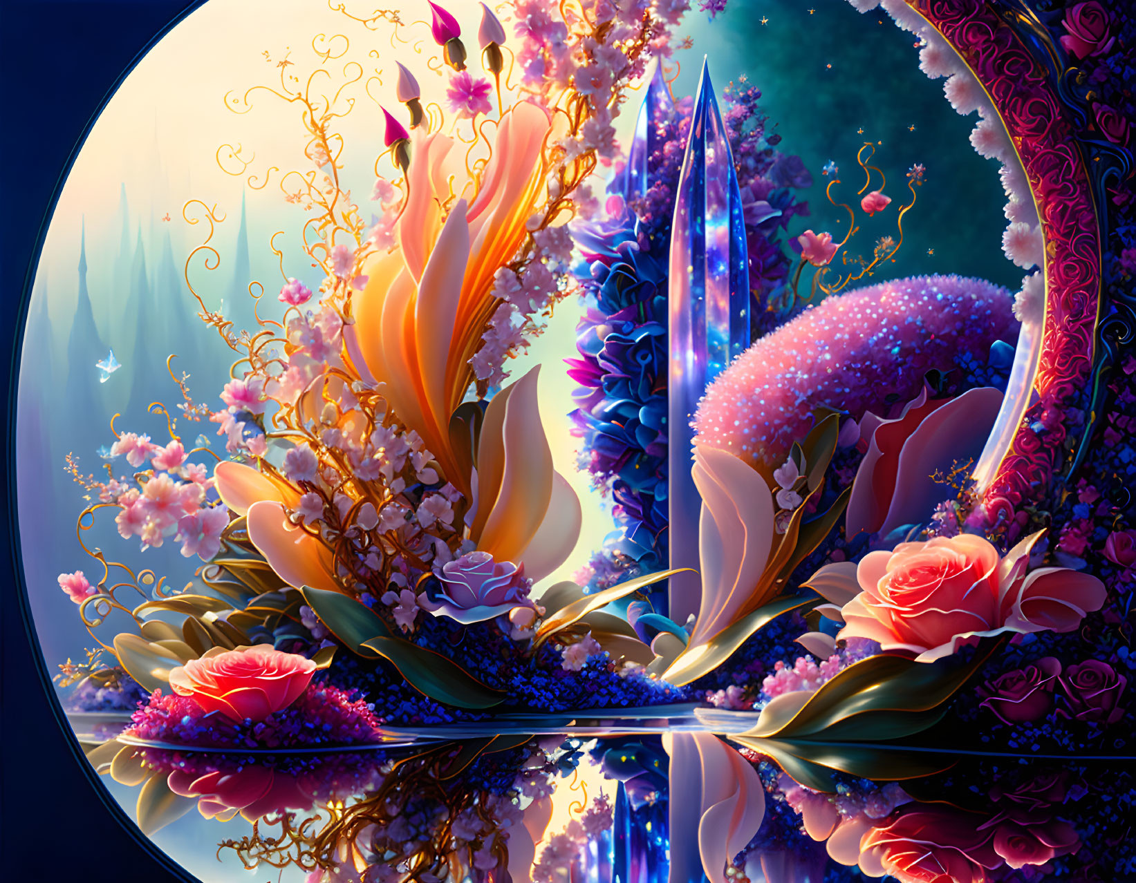 Fantasy landscape with luminescent flowers, crystalline structures, and reflective water.