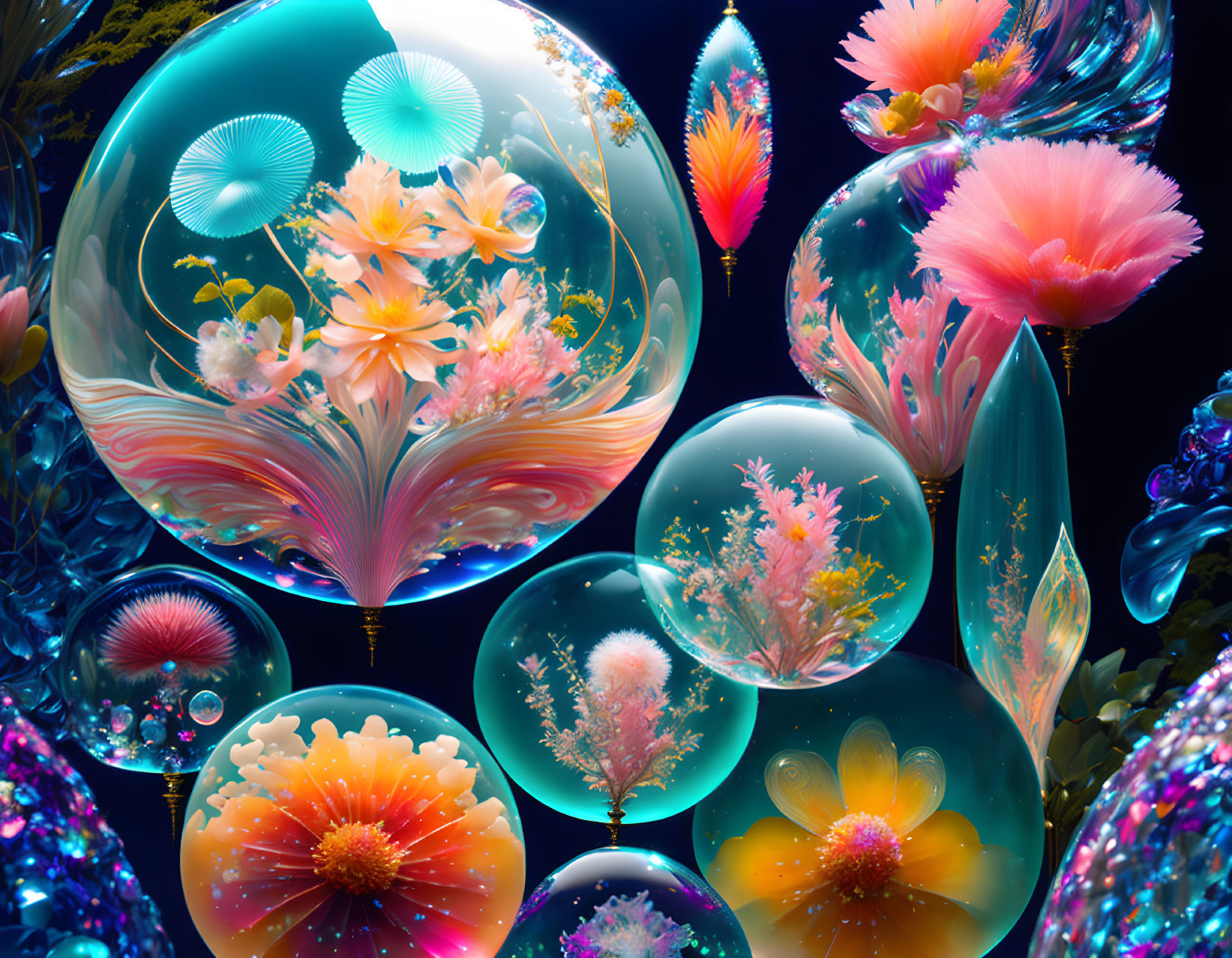 Colorful digital art: ethereal bubbles, floral and coral structures on dark oceanic background