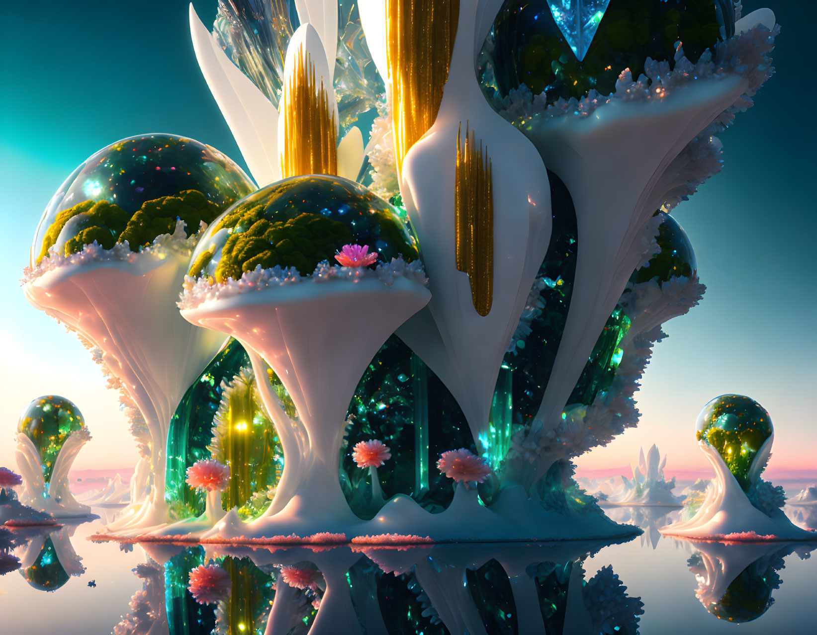 Surreal landscape with glossy mushroom-like structures and glowing interiors under a pastel sky