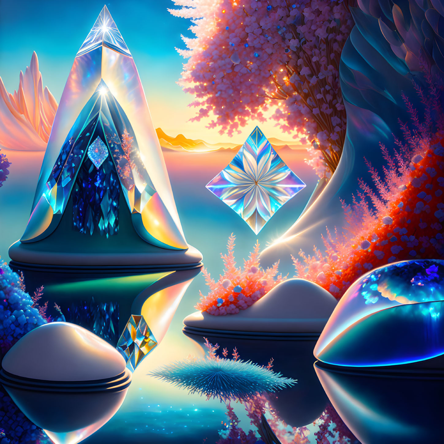 Colorful Fantasy Landscape with Crystal Structures and Reflective Surfaces