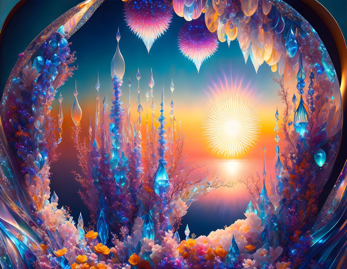 Surreal landscape with vibrant flora under sunset and round reflective portal