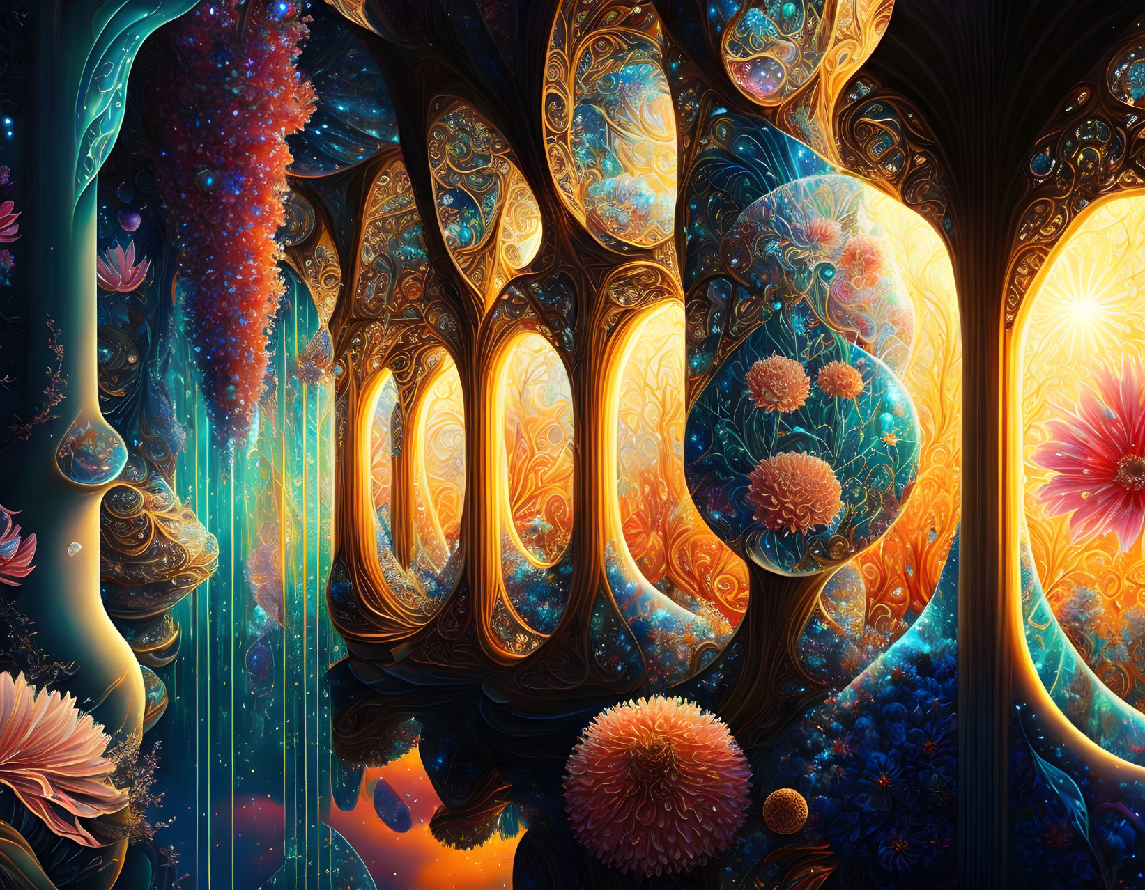 Vibrant Art Nouveau fantasy landscape with cosmic elements