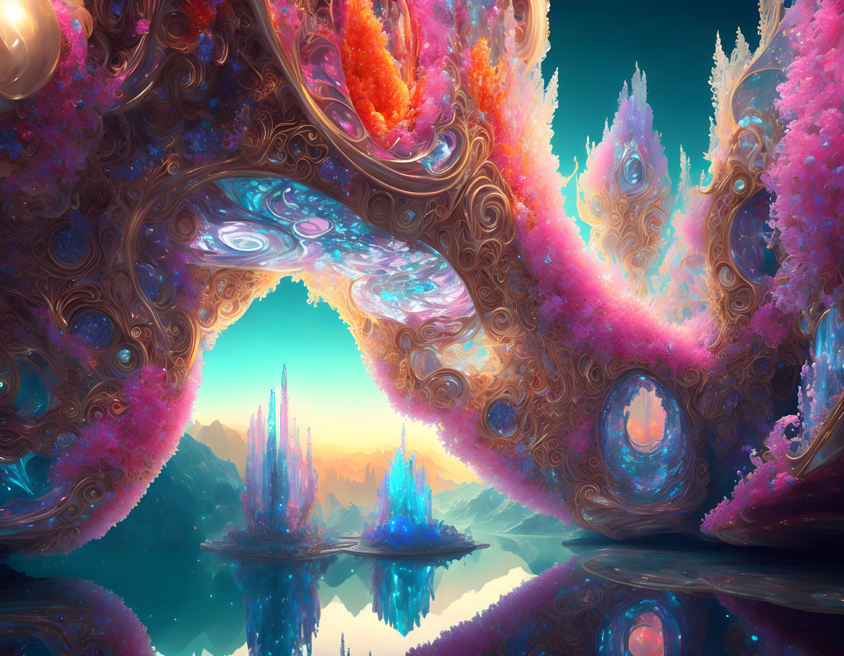 Colorful coral-like structures in a serene underwater landscape