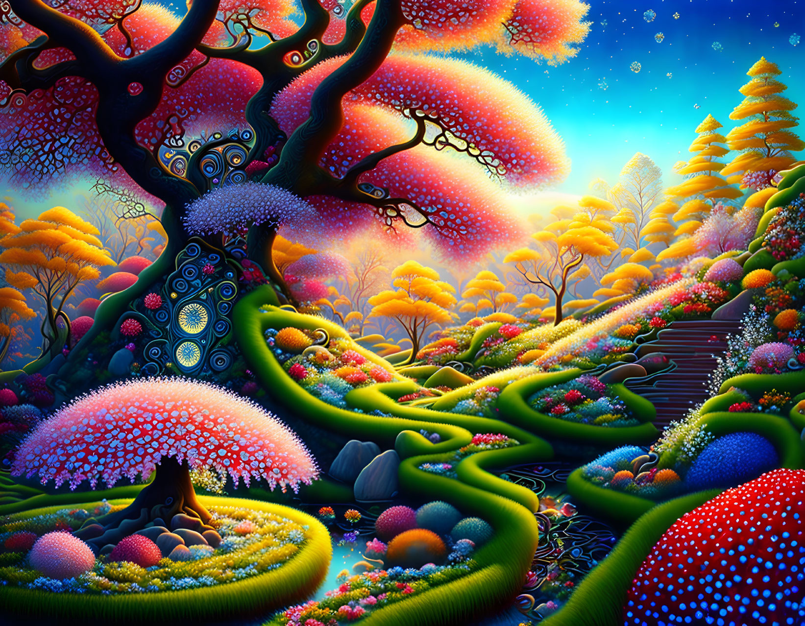 Colorful Psychedelic Landscape with Twisting Tree