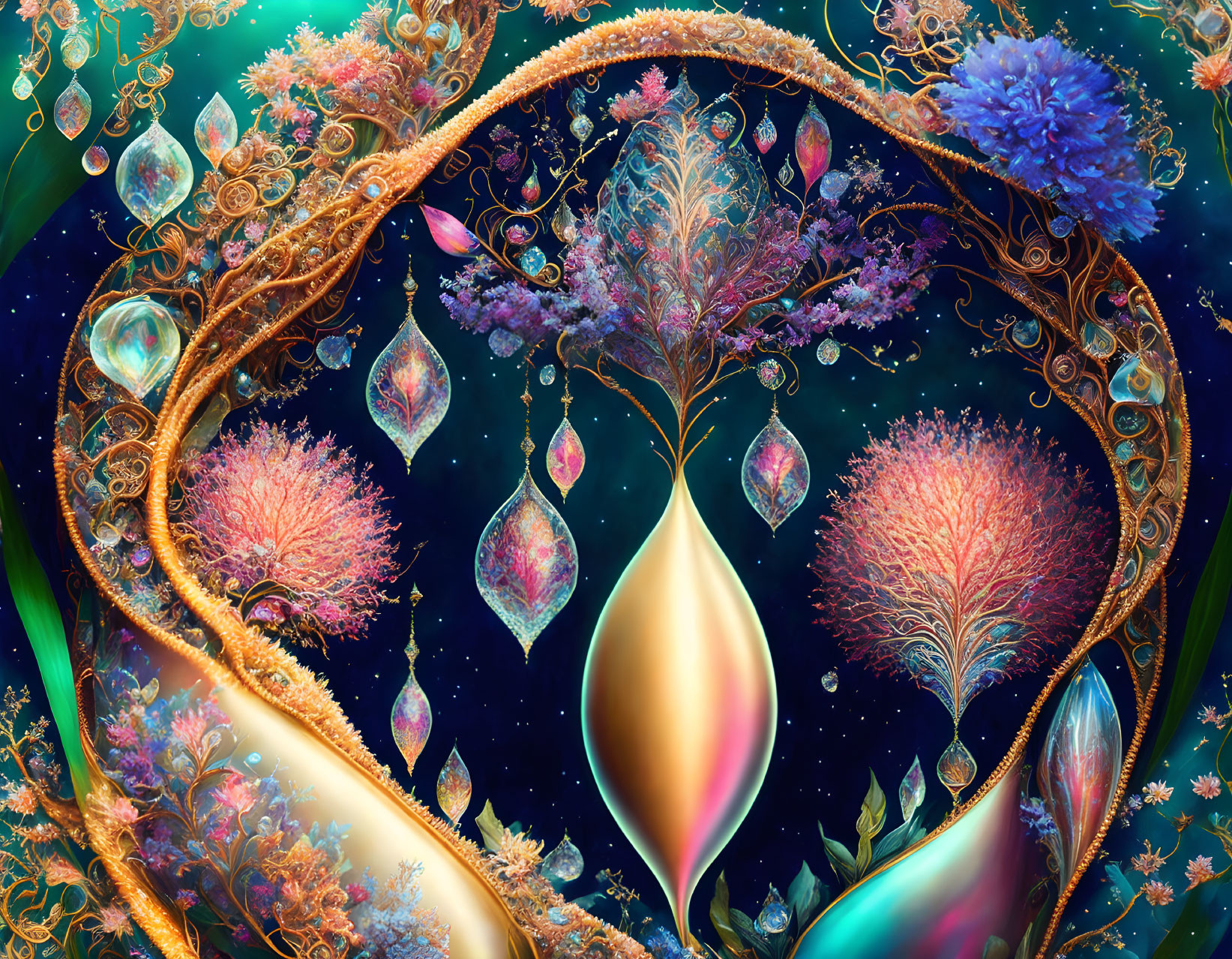 Colorful surreal artwork: ornate trees, cosmic setting