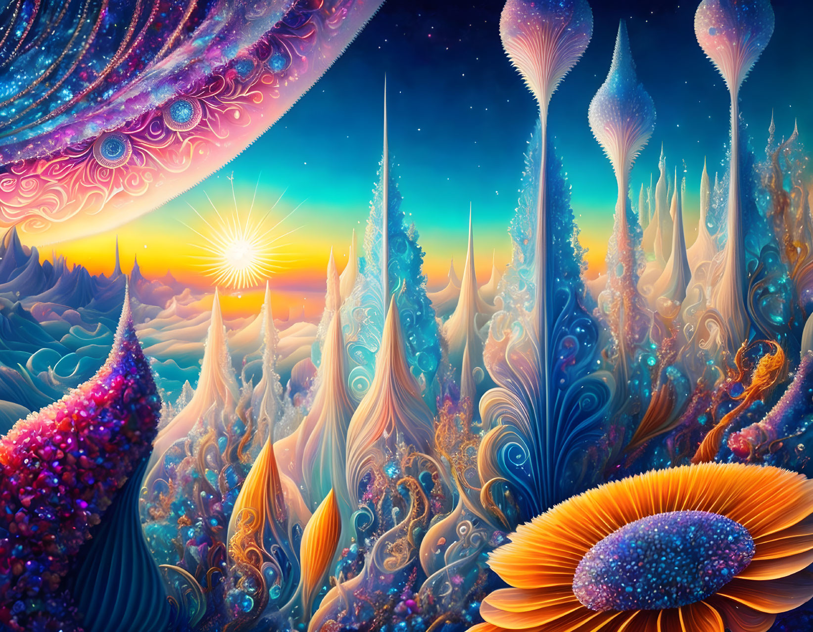 Vivid Fantasy Landscape with Alien Structures and Galactic Sky