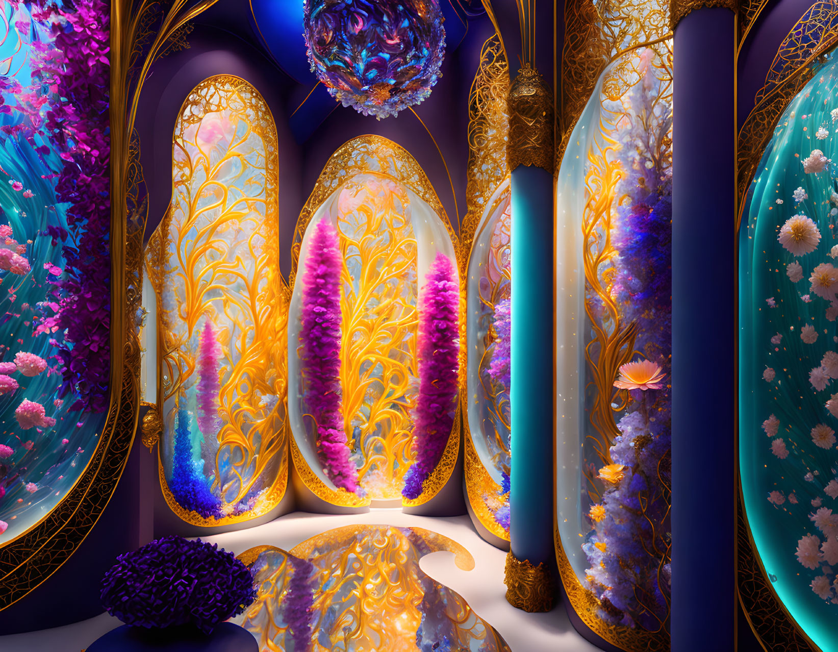 Colorful Coral Structures and Golden Tree Patterns in Fantastical Interior