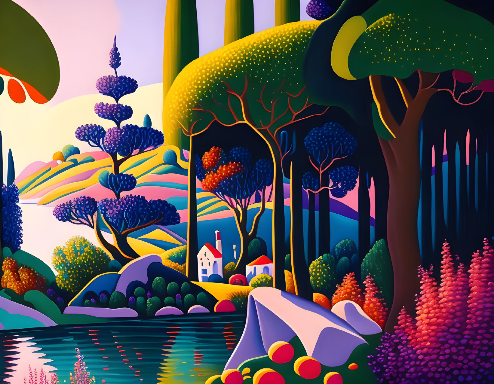 Colorful Stylized Landscape with Cottage by Lake & Exaggerated Trees