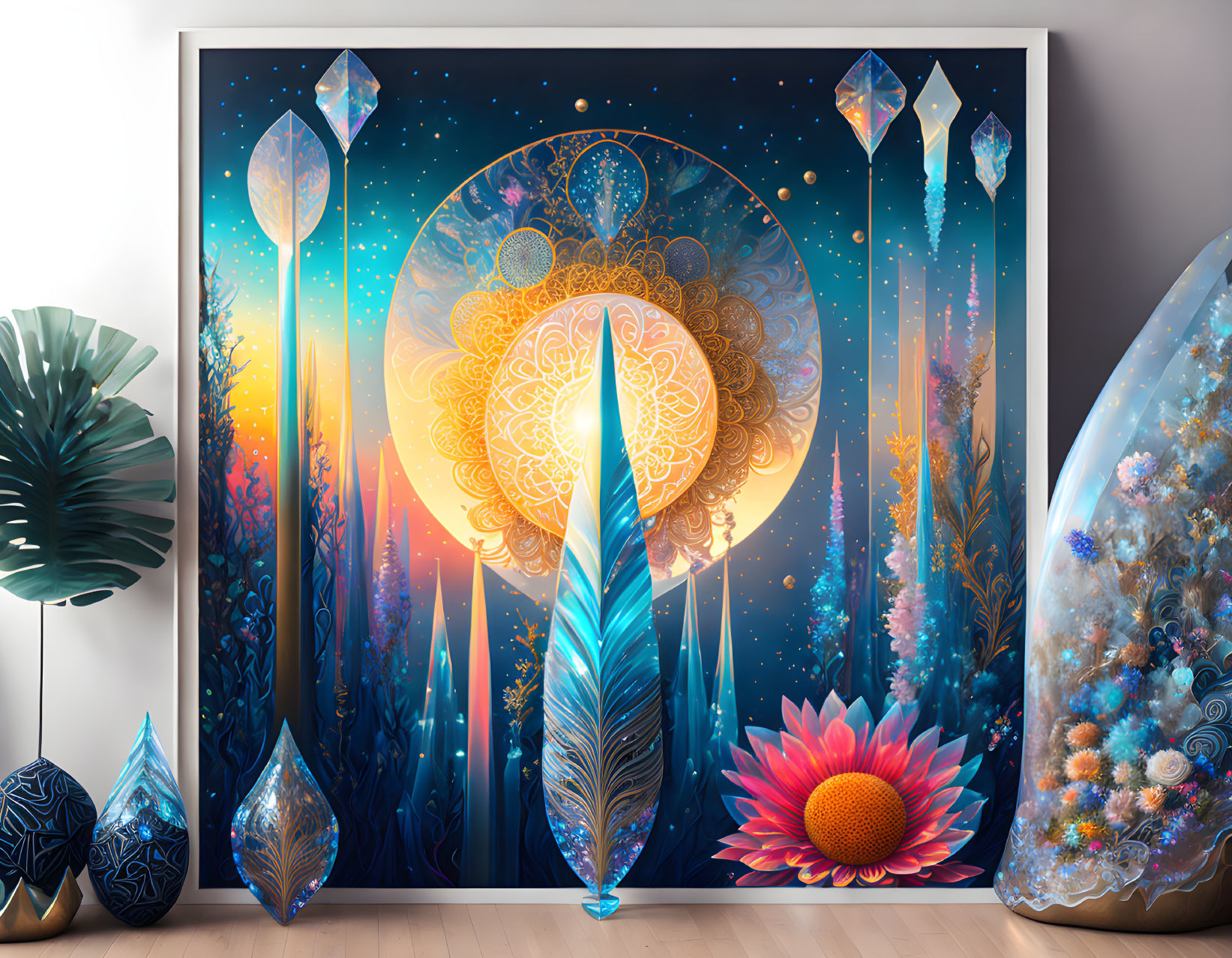 Colorful tapestry featuring cosmic, nature motifs, mandala, crystals, feathers, and flower on