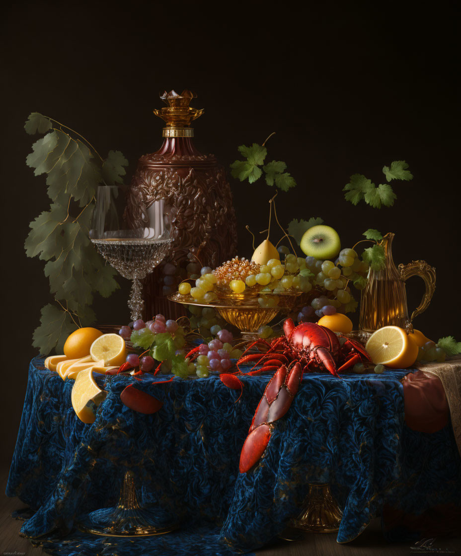 Lobster and Fruit Still Life with Elegant Tableware