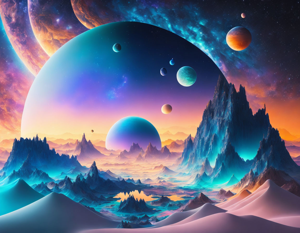 Colorful Alien Landscape with Multiple Moons and Planets