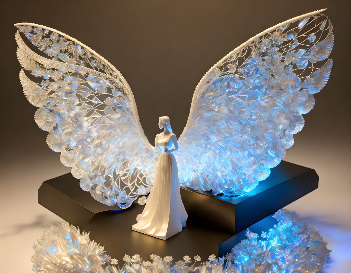 Angel figurine with illuminated, intricate wings and floral designs on pedestal