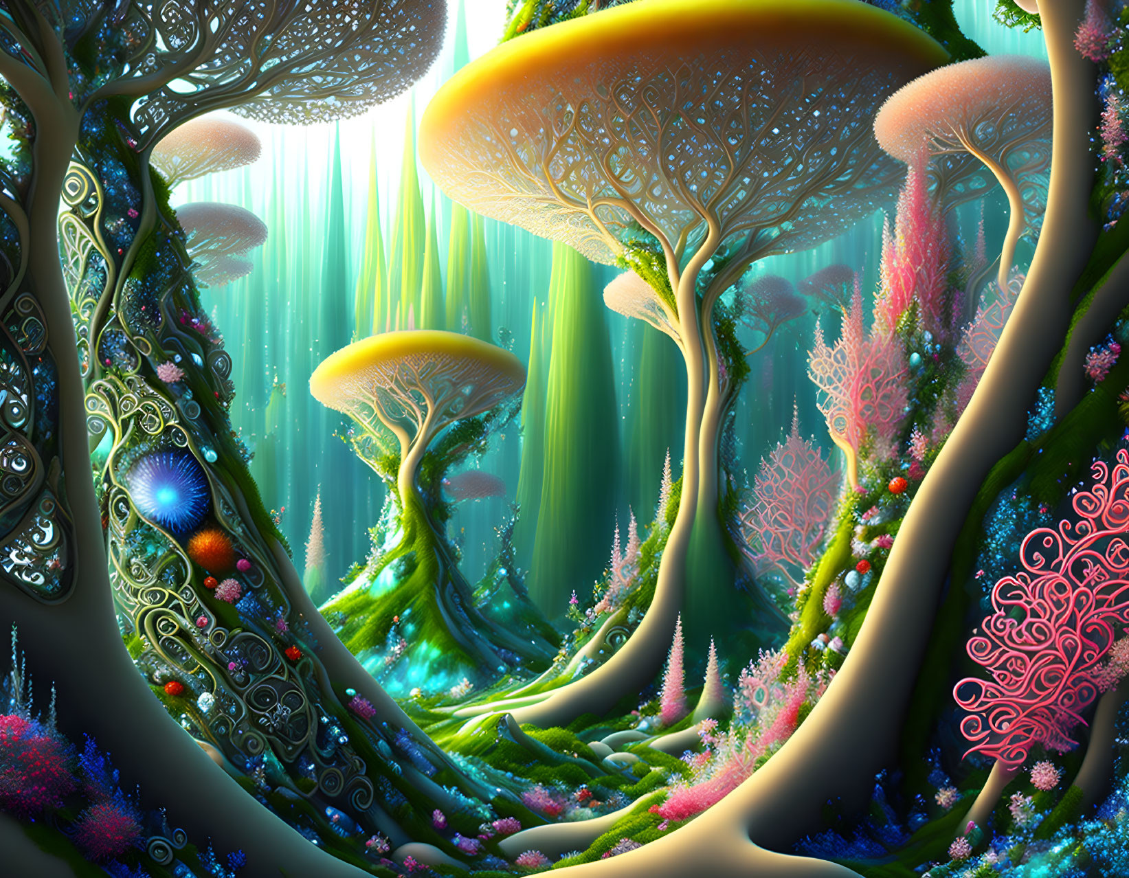 Fantastical forest with oversized glowing mushrooms and colorful vegetation