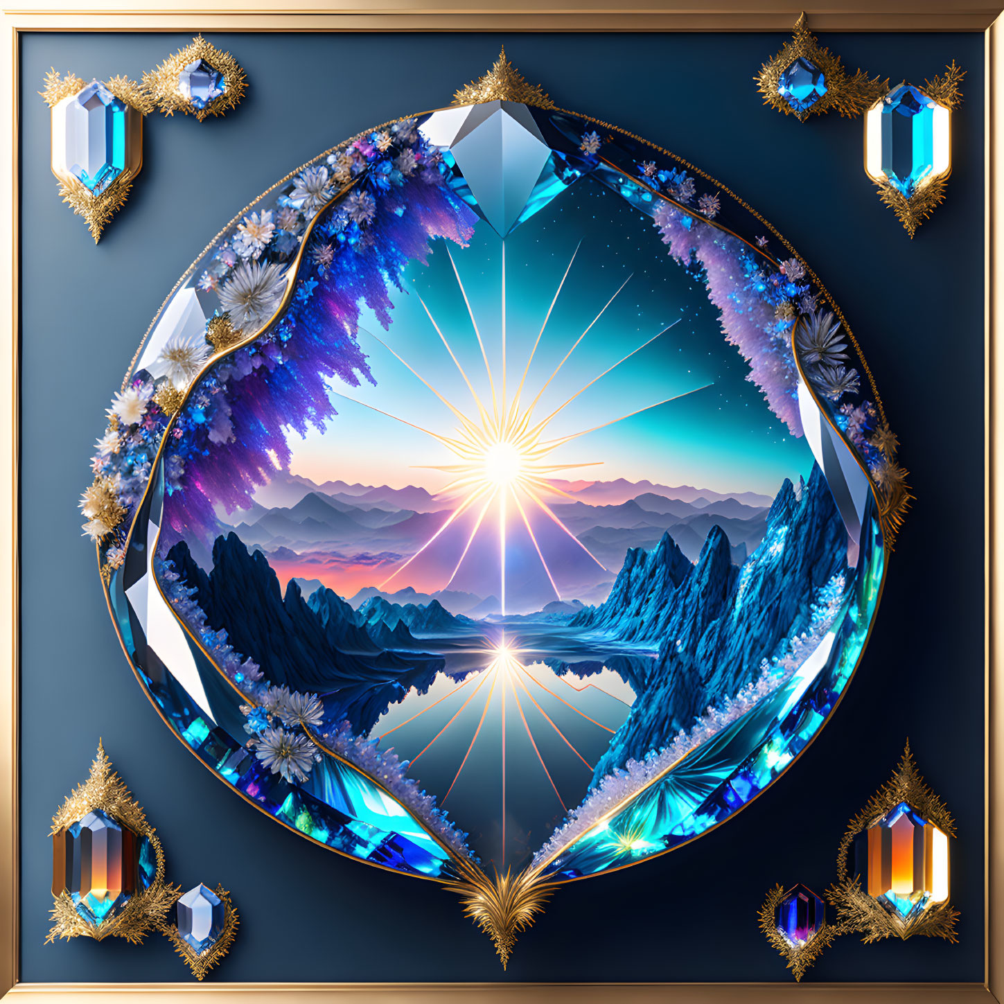 Fantasy landscape in jewel-like frame with sun, mountains, lake, and blossoming trees