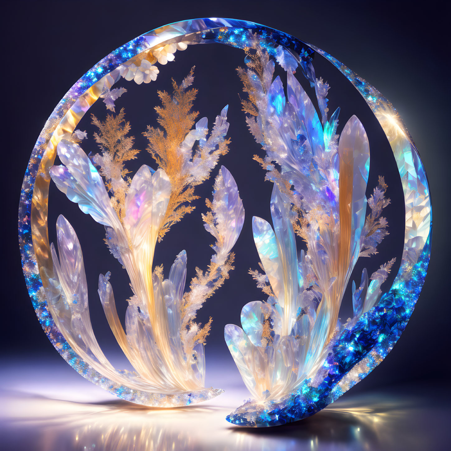 Circular Frame Crystalline Sculptures in Blue and White