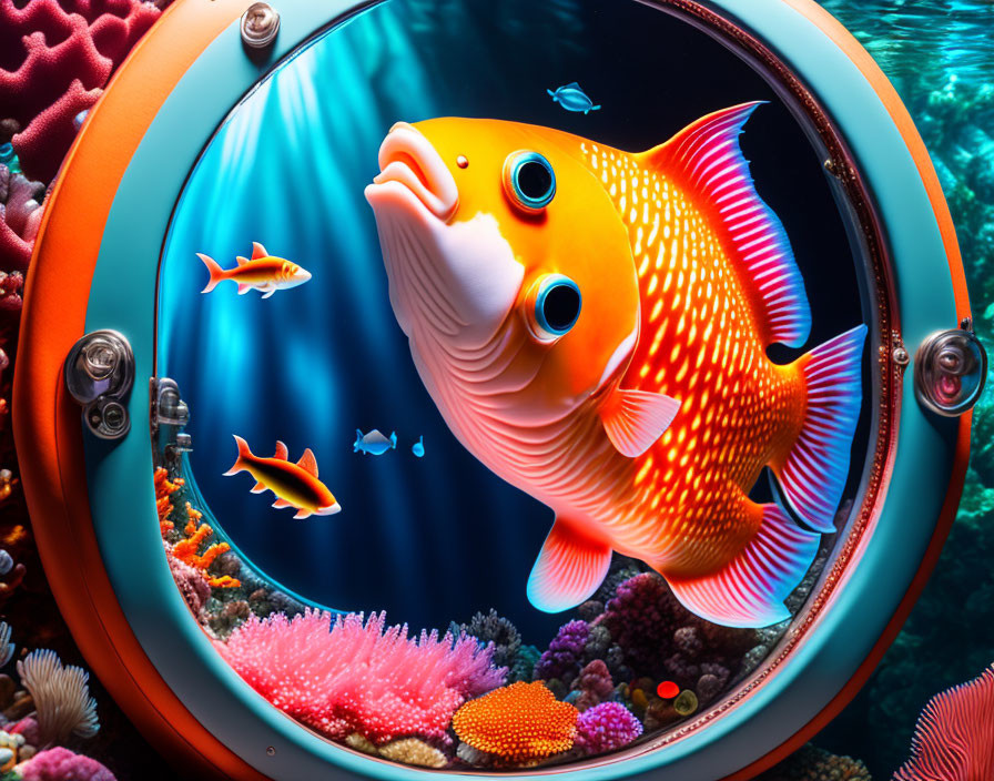 Vibrant fish and coral reef scene in submarine window