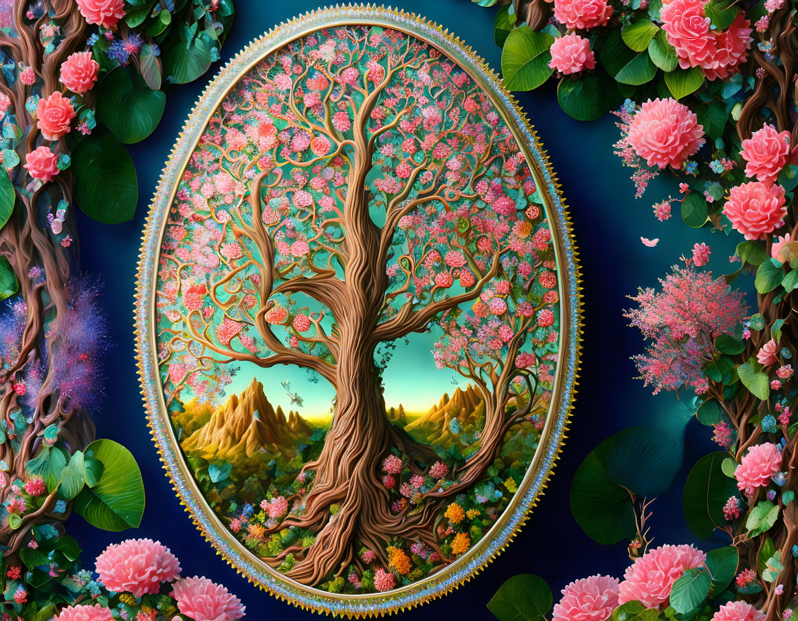 Colorful Tree Design in Oval Frame Among Lush Flowers & Fantasy Landscape