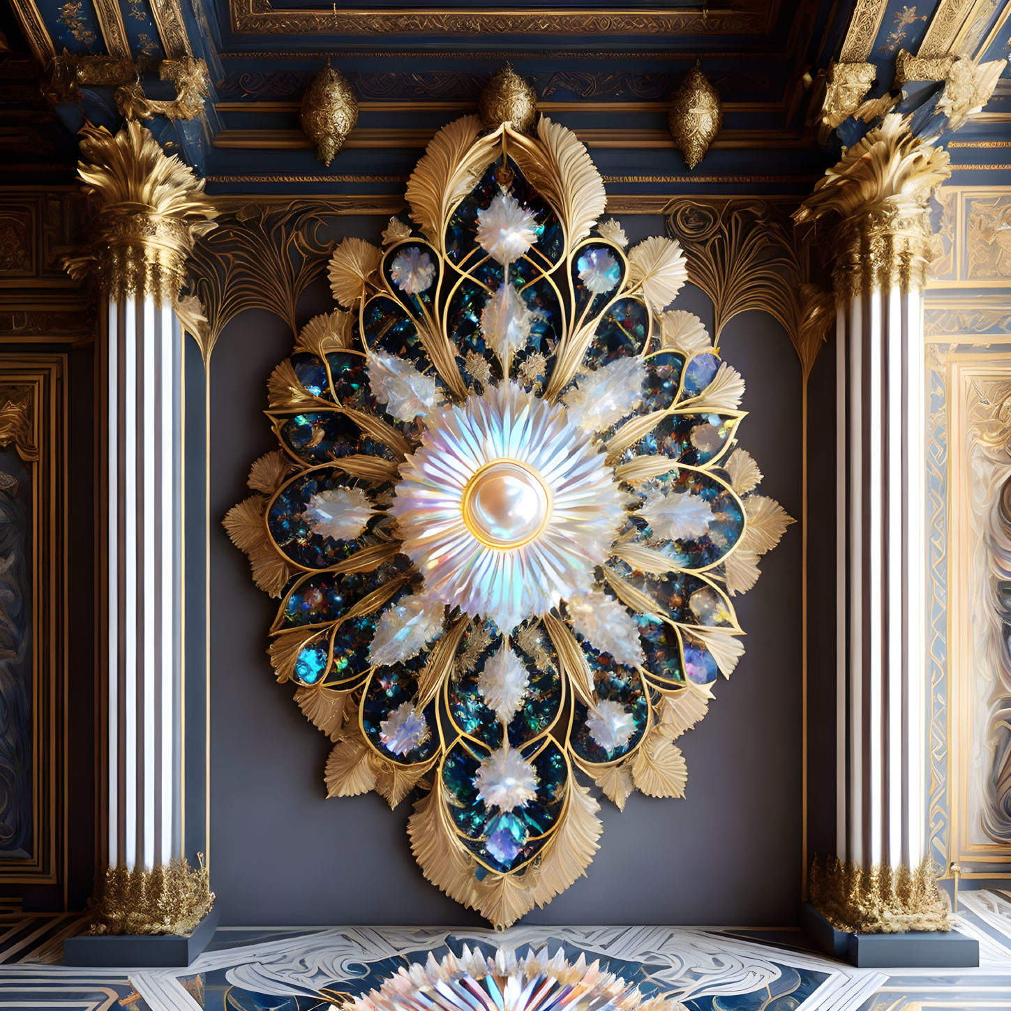 Elegant gold and white ceiling chandelier with blue moldings and golden columns