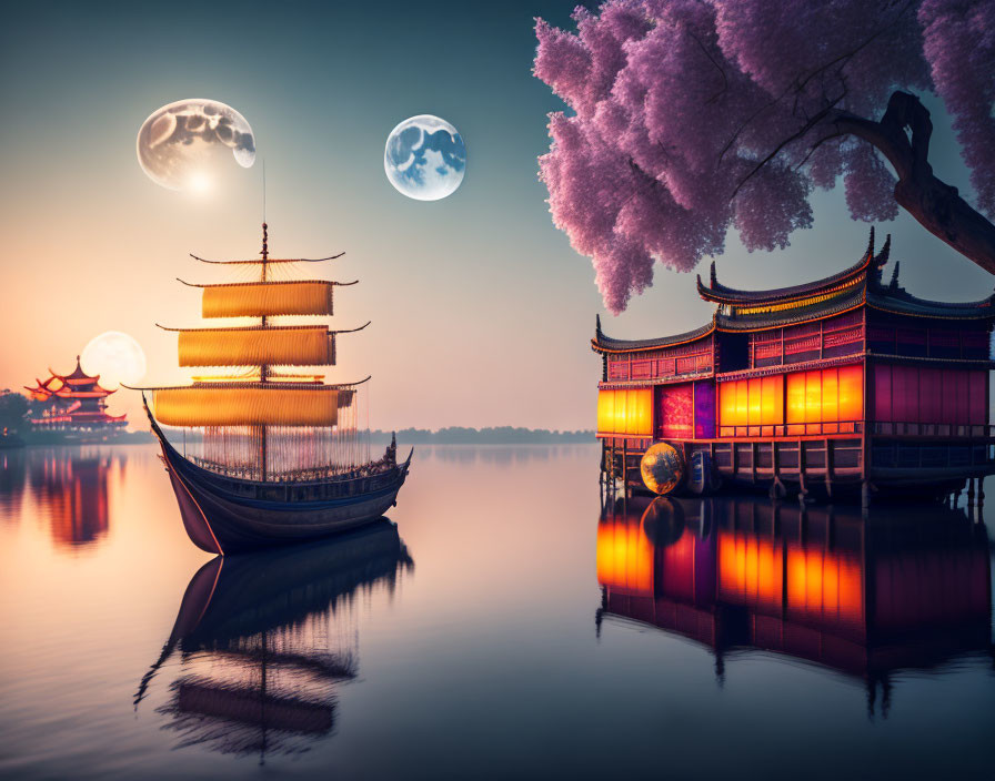 Traditional Chinese Junk Boat Near Pagoda on Tranquil Waters with Surreal Sky and Purple Tree