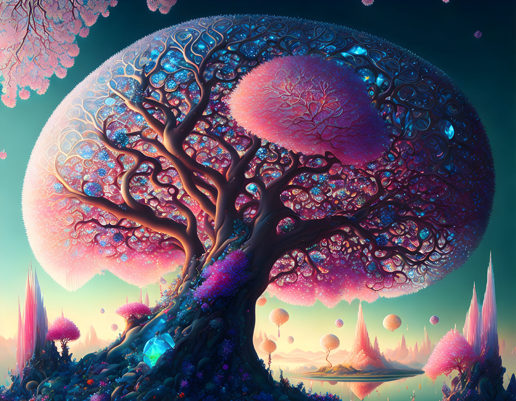 Vibrant luminous trees in surreal pink and blue sky