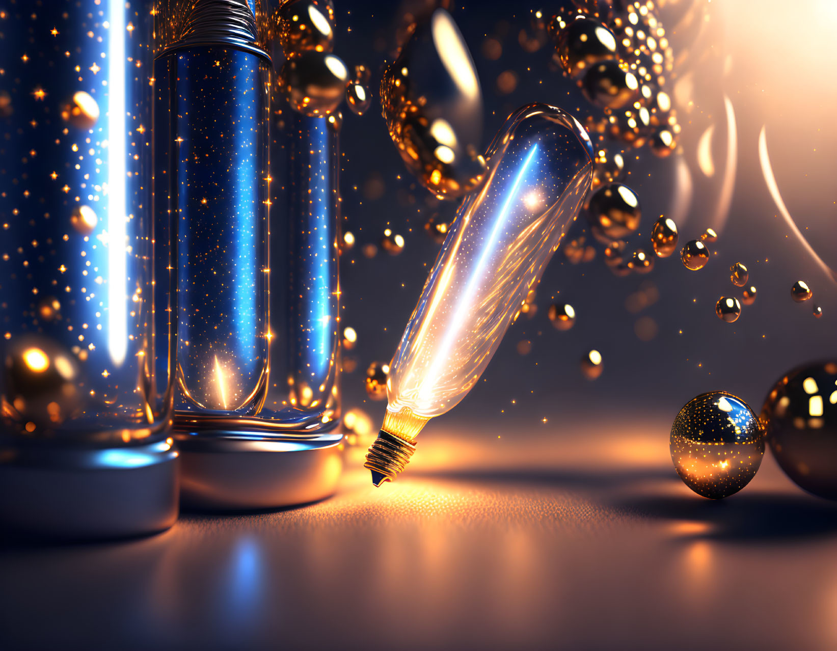 Floating Lightbulb with Sparkles and Glowing Jar on Golden Bubble Background