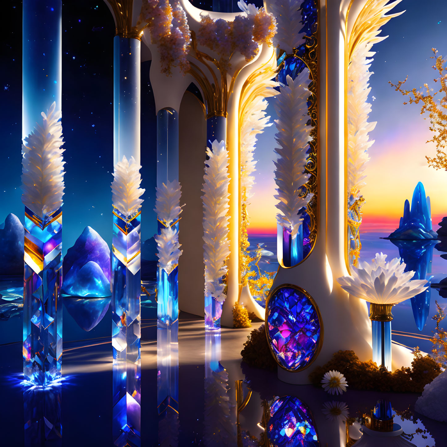 Twilight fantasy landscape with crystal formations and glowing trees