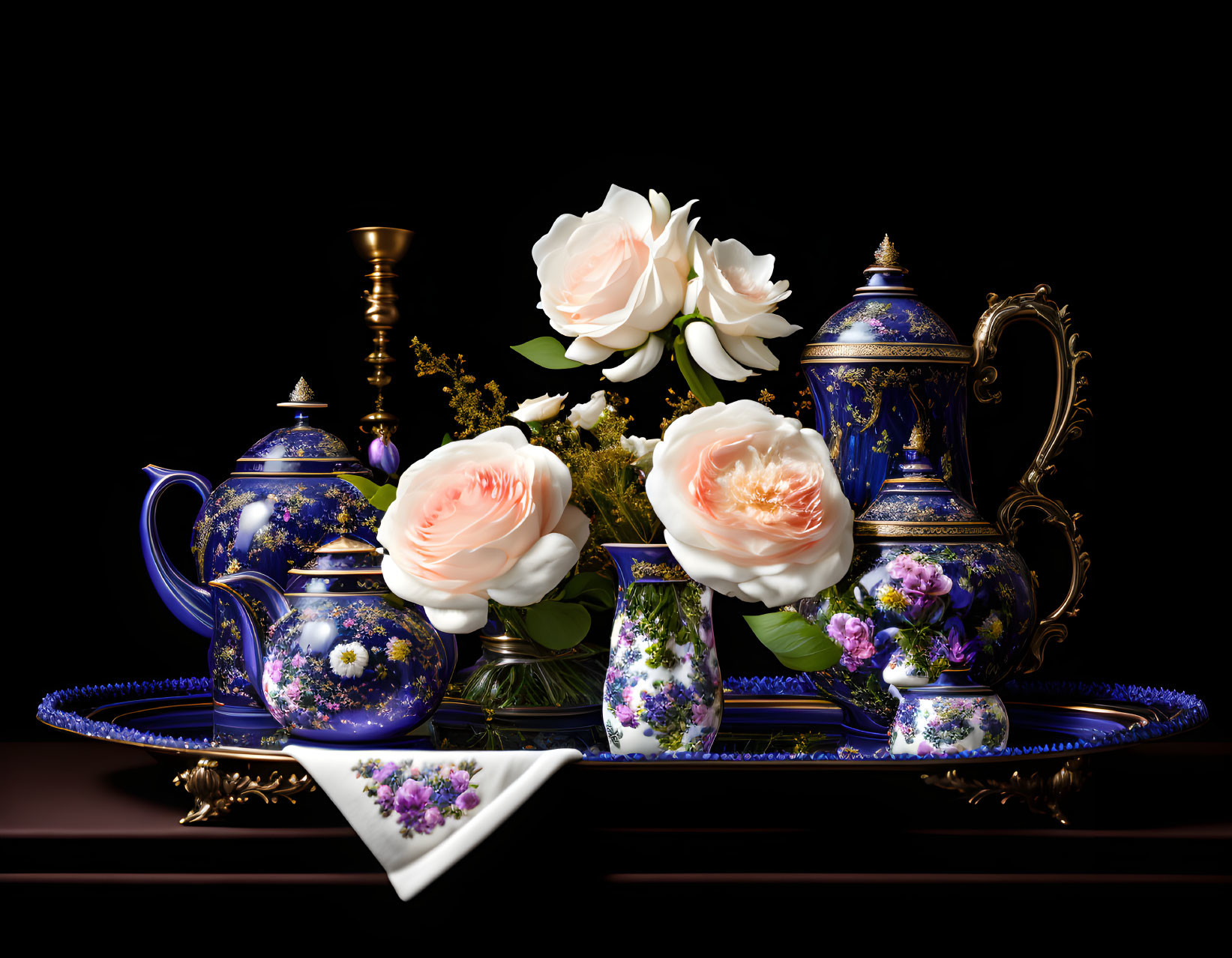 Porcelain tea set with floral patterns, tray, and roses on dark background