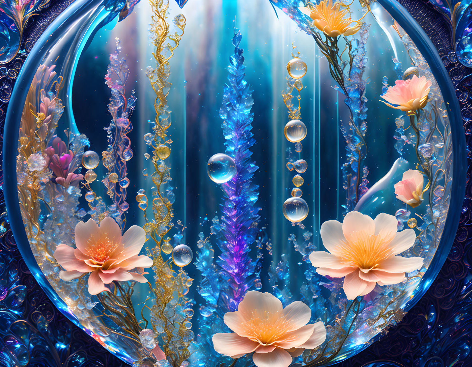 Colorful underwater floral and marine life in ornate oval frame.