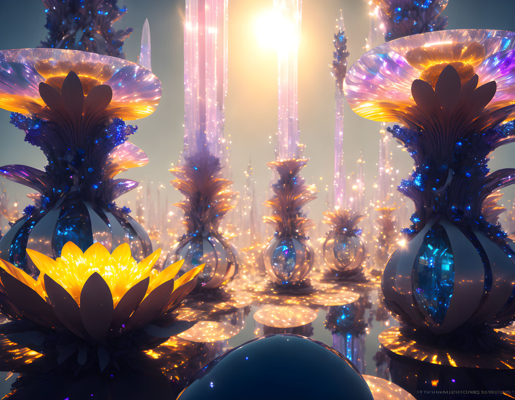 Fantasy landscape with glowing flora, crystalline formations, and ethereal light beams