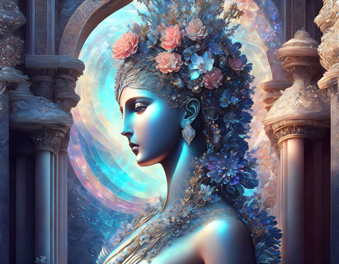 Ethereal artwork: Woman with floral crown in cosmic background