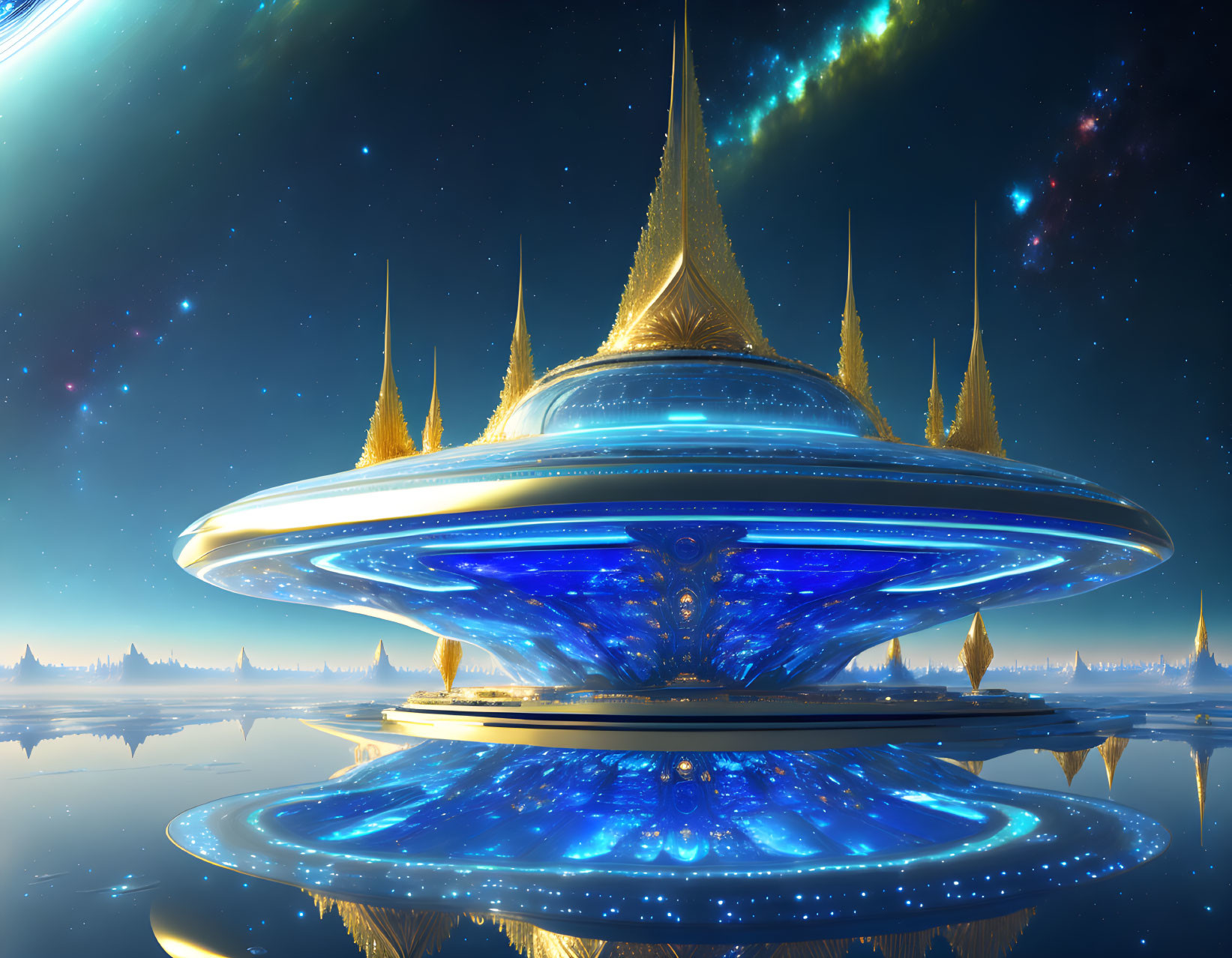 Golden-domed spaceship over water in starry sky.