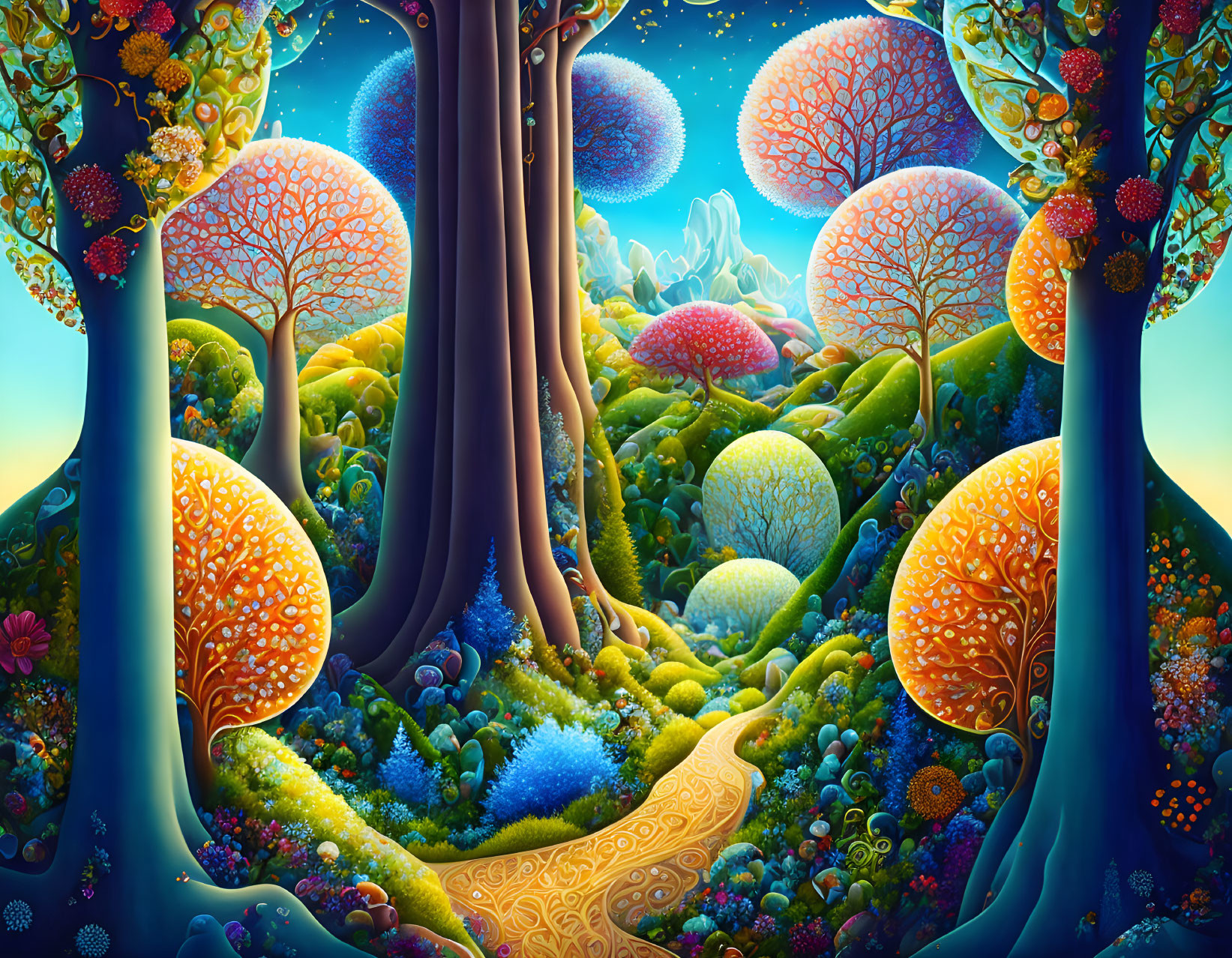 Colorful Fantasy Forest with Glowing Pathway Through Lush Undergrowth