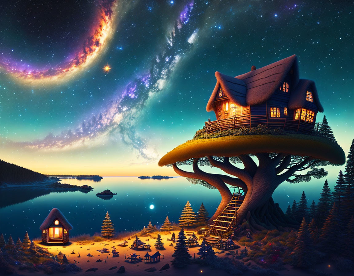 Illustration of large treehouse and hut by lake at night with starry sky and galaxy