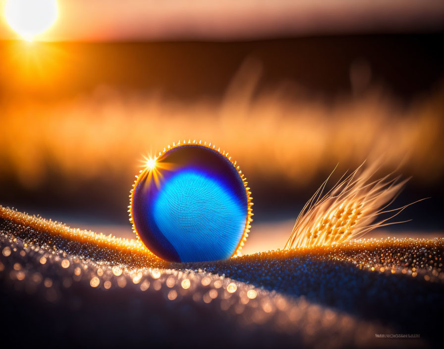 Blue Sphere with Bright Reflection on Textured Surface Beside Wheat Under Warm Sunset