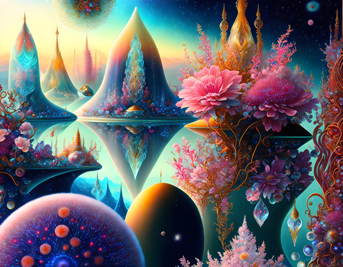 Fantastical scene: Vibrant floating islands with vivid colors