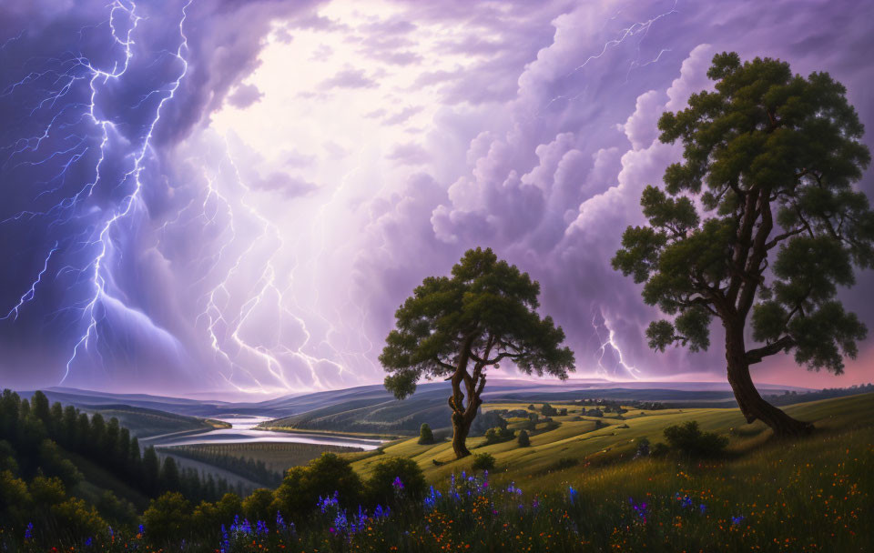 Stormy Landscape with Lightning, Trees, and River