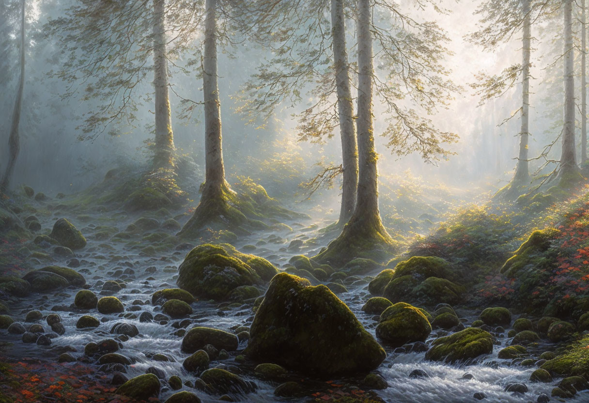 Tranquil forest landscape with sunlight, mist, moss-covered rocks, red foliage, and stream