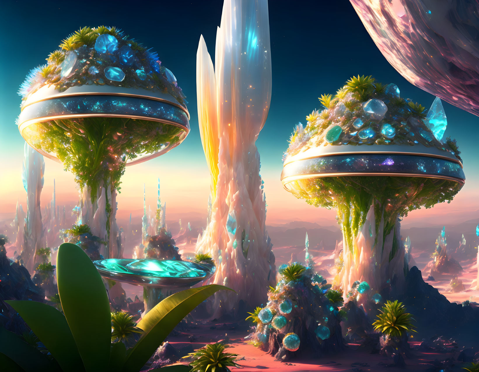 Sci-fi landscape with floating islands, crystalline structures, lush greenery