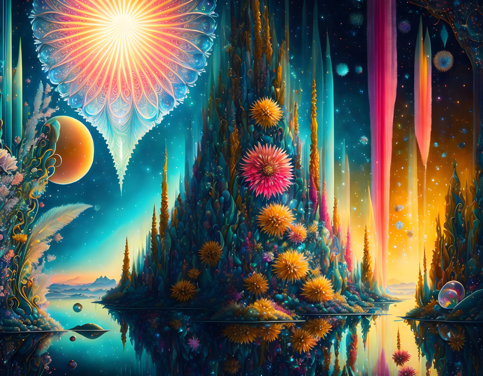 Colorful fantasy landscape with glowing flowers, starlit sky, and reflective water