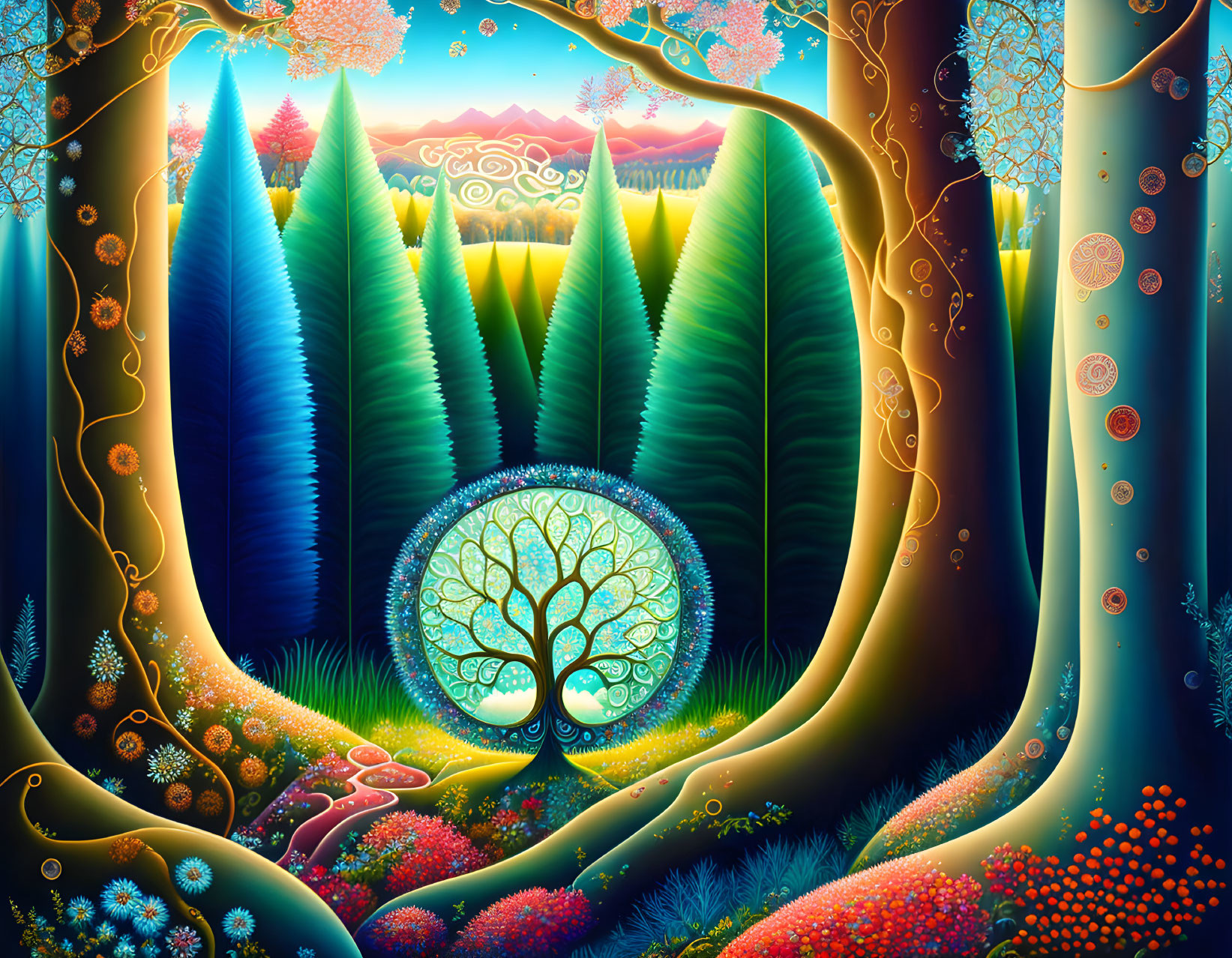 Fantastical forest with colorful trees and circular doorway