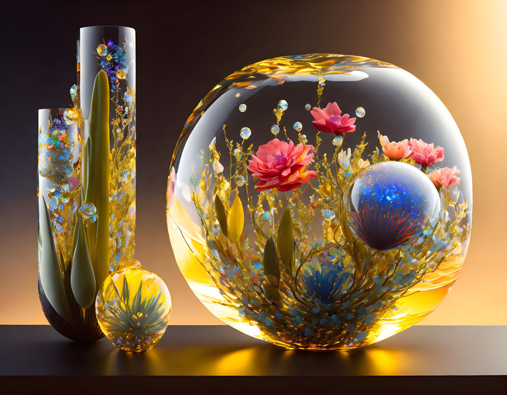 Colorful 3D-rendered glass objects with floral and bubble designs on reflective surface